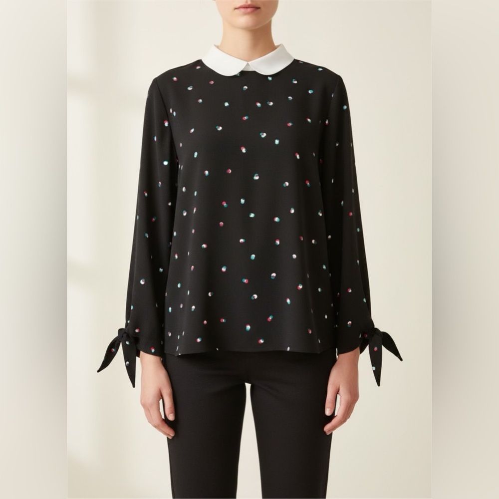 CeCe Women’s Collared Polka-Dot Blouse W/Sleeve Tie - Black